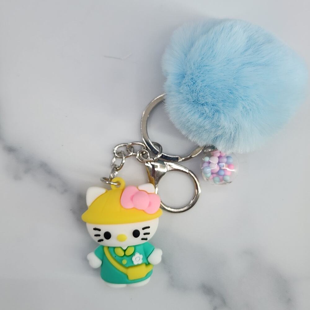 Hello Kitty 3D Figure Keychain puff ball & mini bead filled bubble Green Blue